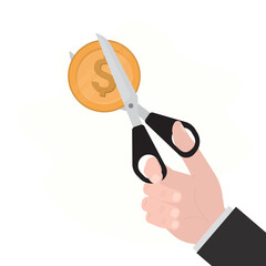 Hand uses scissors and cutting gold coin. Salary reduction. Reducing cost concept. Businessman cutting dollar. Big discount. Half price. Cost cut icon.