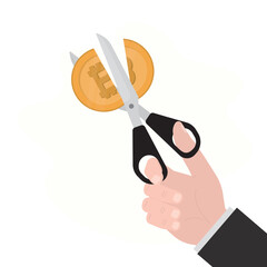 Businessman hand uses scissors and cutting bitcoin. Divide money, share profits. Cost reduction or cut price. Scissors cutting cryptocurrency. Investor refuse crypto.