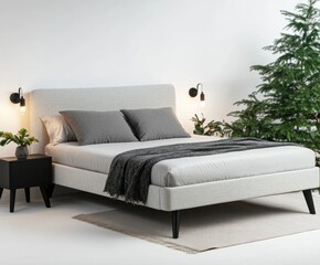 Modern beige upholstered bed in minimalist bedroom.