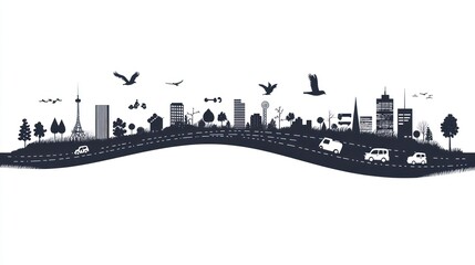 Obraz premium Cityscape road, eco-friendly vehicles, birds, sustainable urban landscape, website banner