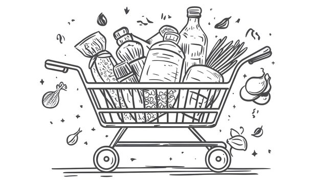 Professional Black and White Image of Shopping Cart Filled with Varied Food Products