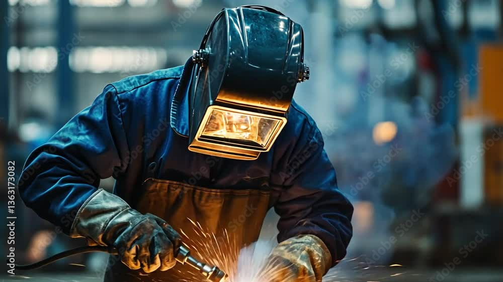 Aufkleber industrial welder working with torch in a busy workshop generative ai