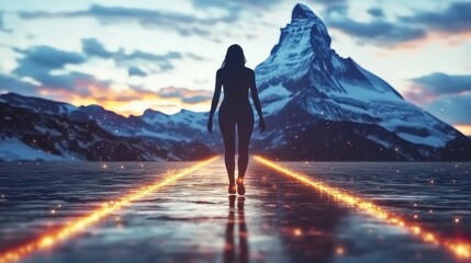 Obraz premium Silhouette of a person walking on a luminous path across water toward a majestic mountain peak at twilight