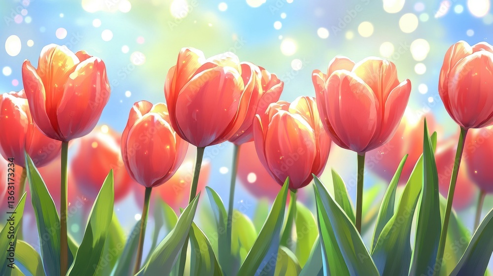 Poster Radiant tulips in a dreamy spring garden with soft bokeh lights and vibrant colors creating a cheerful atmosphere