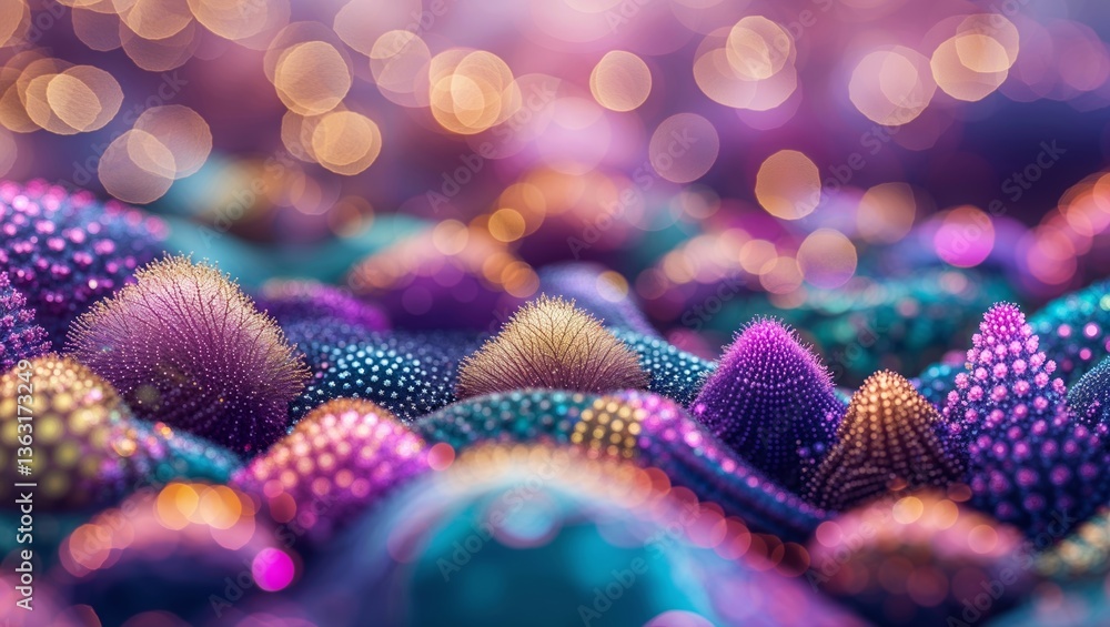 Poster abstract colorful landscape of textured formations against a dreamy bokeh background during twilight