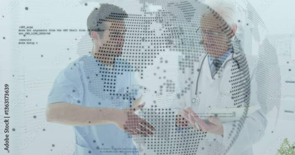 Poster discussing digital data processing animation with global map, medical professionals collaborating