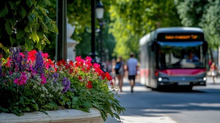 Tourists Walking Near Vibrant Flowers and Bus