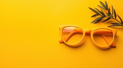 Vibrant orange sunglasses rest on a sunny yellow background perfect for summer internship program promotional materials or website copy space showcasing a bright and cheerful