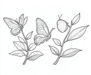 A scene showing the life cycle of a butterfly, coloring page for kids, simple outline illustration. Coloring book.