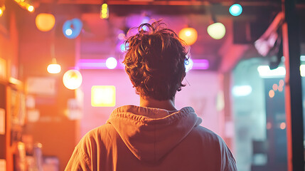 Fototapeta premium young man standing alone in vibrant, colorful room illuminated by neon lights, creating dreamy and contemplative atmosphere from behind view