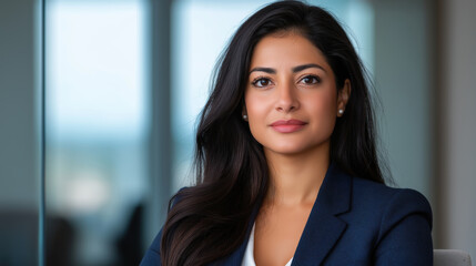 Young woman with long black hair wearing blue blazer and pearl earrings against office window background. Professional portrait concept for corporate leadership and business executive recruitment