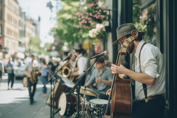 Street musicians playing music in urban setting