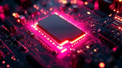 A vibrant circuit board illuminated by glowing red neon light
