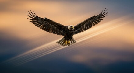 Fototapeta premium Majestic eagle soaring through a colorful sunset sky over tranquil landscape