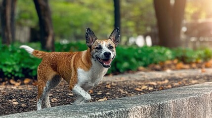 A medium-sized, active dog with erect ears and a mottled brown, white, and black coat stands alertly on a path in a park-like setting.