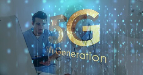 5G technology animation over healthcare professionals discussing in medical setting - Powered by Adobe
