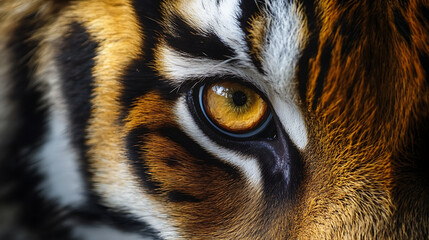 Close up tiger eye with intense gaze, wildlife portrait detail, powerful predator expression, vibrant orange and black fur texture, majestic animal beauty