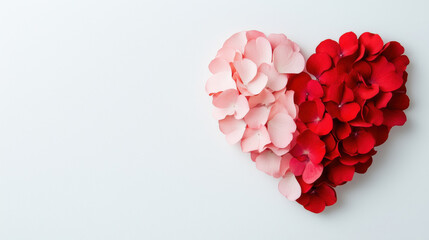 Heart shape made of pink and red flower petals against white background. Romantic concept for valentines day cards, wedding invitations and anniversary celebrations