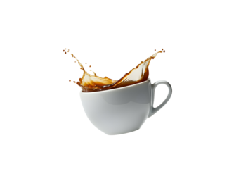 A floating white ceramic coffee cup, filled with steaming coffee, with tiny coffee splashes around it, on a solid white background.
