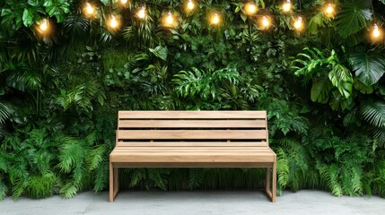 Obraz premium Wooden bench against a lush green wall with warm string lights. Tranquil outdoor setting
