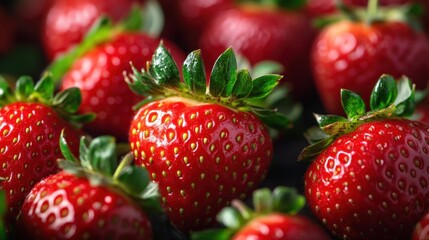 Fresh strawberries showing seeds and green leaves creating delicious pattern