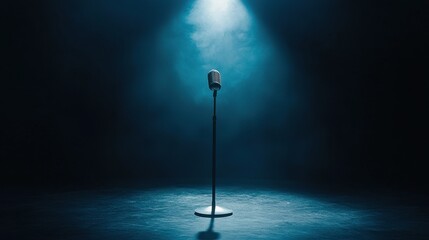 A single microphone on an empty stage, bathed in a soft spotlight, surrounded by darkness--symbolizing the power of presence and the significance of silence in speech--minimalist, cinematic lighting