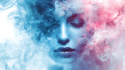 Portrait of woman face surrounded by colorful smoke, blue and pink mist, dreamy surreal atmosphere, artistic fantasy concept, beauty and mystery mood