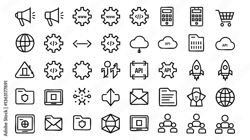 Wall mural collection of flat line icons for web development and apis