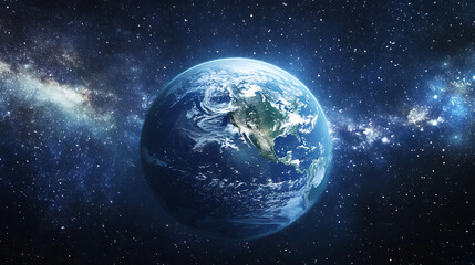 Fototapeta premium Planet Earth in space showing North America, oceans, clouds, and atmosphere, surrounded by stars and galaxy, illustrating beauty and cosmic wonder