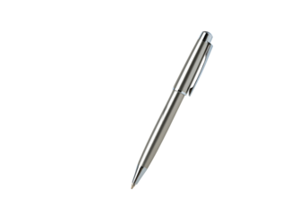 A floating silver ballpoint pen, mid-air, with a removable cap floating separately, on a solid white background.