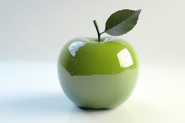 Green Apple with Shiny Surface and Leaf on White Background