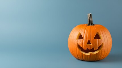 Carved orange pumpkin with a smiling face on a blue background. Halloween decoration