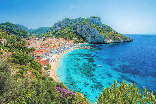 A vibrant depiction of Argassi in Zakynthos, Greece, emphasizing its beautiful scenery and beach life