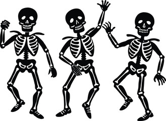 Skeletons dancing with different positions flat style design vector illustration set. Funny dancing Halloween or Day of the dead skeletons collection. Creepy, scary human bones characters silhouettes.