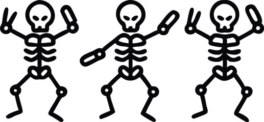 Skeletons dancing with different positions flat style design vector illustration set. Funny dancing Halloween or Day of the dead skeletons collection. Creepy, scary human bones characters silhouettes.