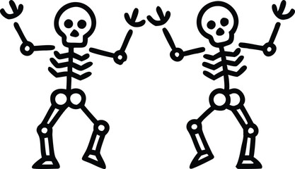 Skeletons dancing with different positions flat style design vector illustration set. Funny dancing Halloween or Day of the dead skeletons collection. Creepy, scary human bones characters silhouettes.