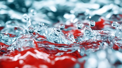 Clear water splashes over vibrant red surface, energetic freshness, dynamic motion, summer refreshment concept