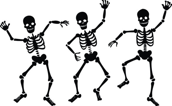 Skeletons dancing with different positions flat style design vector illustration set. Funny dancing Halloween or Day of the dead skeletons collection. Creepy, scary human bones characters silhouettes.