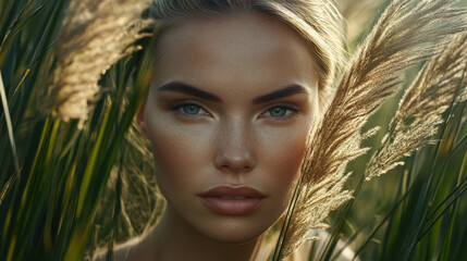 A close-up portrait of a woman surrounded by soft grass and reeds, capturing her natural beauty and serene expression.