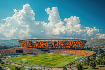 Fototapeta premium A vibrant view of Soccer City in Johannesburg, dynamic and lively, sports theme.