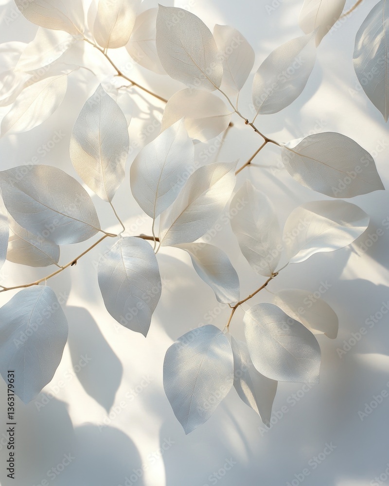 Poster delicate ivory leaves and branches against a white wall creating a serene and minimalist botanical c
