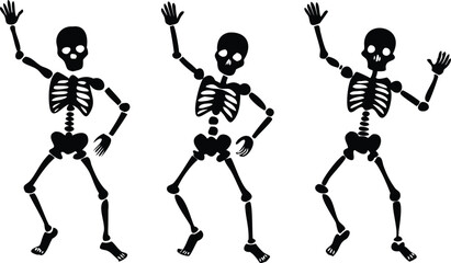 Skeletons dancing with different positions flat style design vector illustration set. Funny dancing Halloween or Day of the dead skeletons collection. Creepy, scary human bones characters silhouettes.