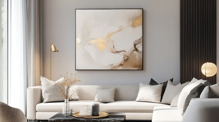luxury Scandinavian abstract painting, flowing organic forms in cream, taupe, and stone gray, gentle gold leaf accents, textured oil paint feel, minimalist composition