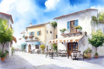 Fototapeta premium Picturesque Mediterranean Street scene, sunny day, white buildings, outdoor cafe, flower boxes, blue shutters