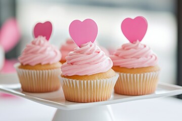 Three pink frosted cupcakes with pink heart decorations on a white cake stand. Soft lighting, shallow depth of field