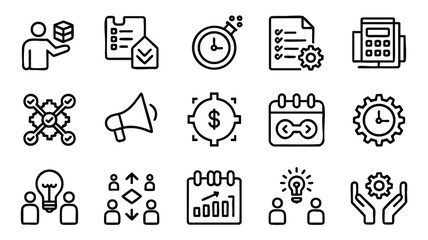 Set of simple black line business icons for project management and productivity