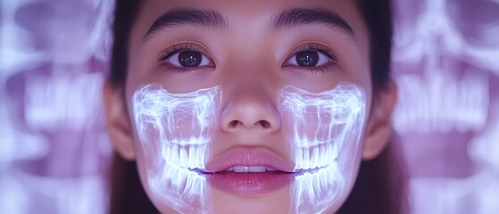 Womans face with jaw xray overlay.