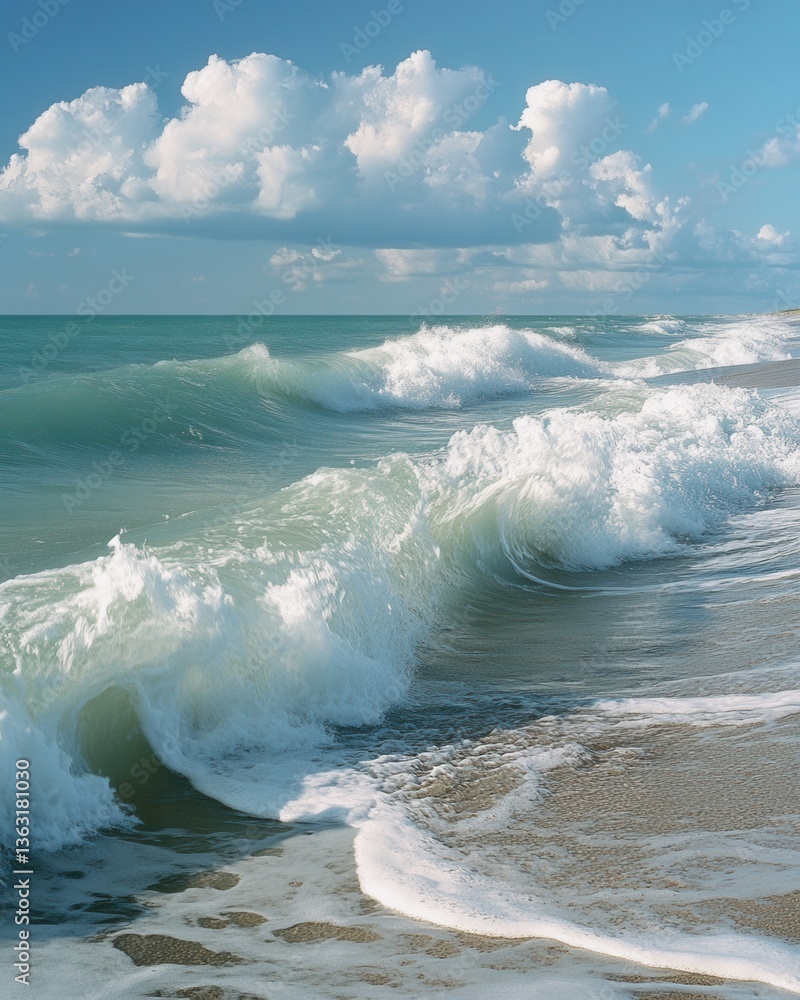 Poster serene seascape with rolling waves crashing onto sandy beach under a cloudy sky creating a calming a