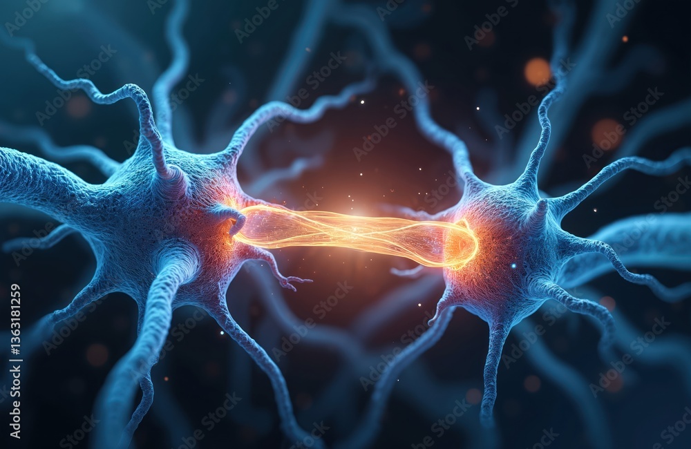 Poster Illustration neural synapse connection where nerve cells communicate transmitting signals throughout nervous system. Science art conceptual illustration of brain activity medical research