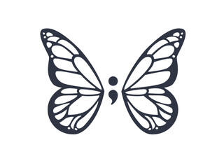 Black Semicolon with Butterfly Wings. Isolated Vector Illustration Design
